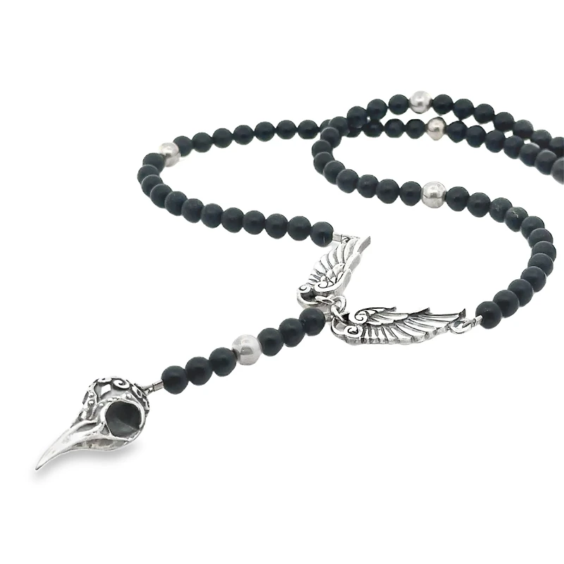 Raven Skull Rosary Necklace with Onyx Beads