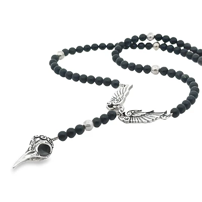 Raven Skull Rosary Necklace with Onyx Beads
