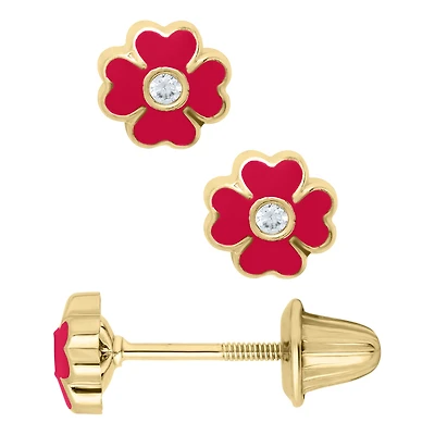 Red Flower Zirconia Kids Stud Earrings