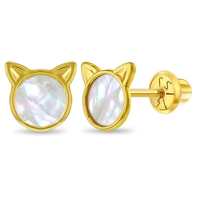 Kids Mother Pearl Kitty Cat Earrings