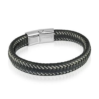 Braided Steel and Leather Wide Bracelet