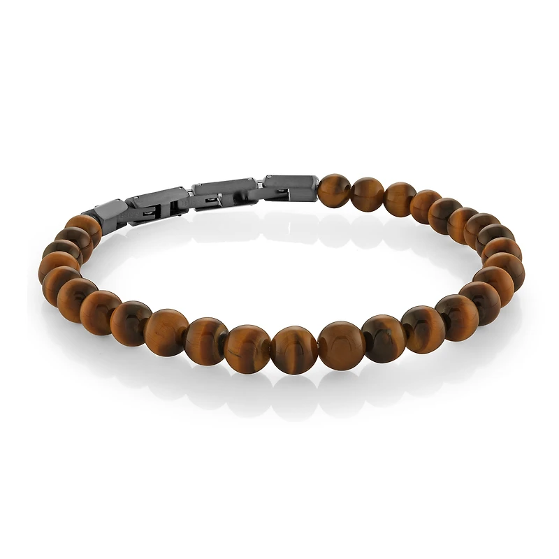 Brown Tiger Eye 6MM Black Steel Bead Bracelet