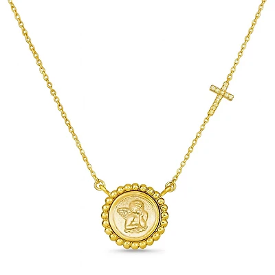 Yellow Gold Angel and Diamond Cross Necklace