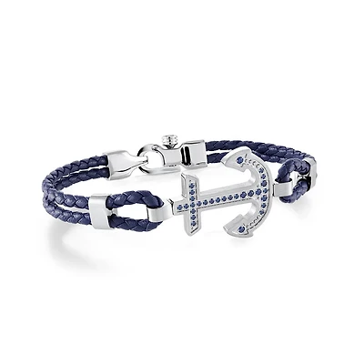 Blue Leather Anchor Steel Bracelet