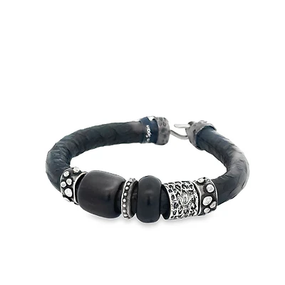 Textured Leather Bracelet with Black Resin Beads