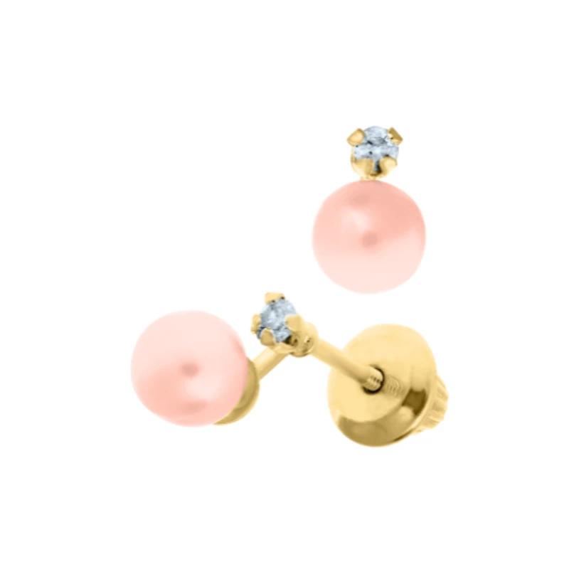Pink Pearl and Diamond Kids Stud Earrings