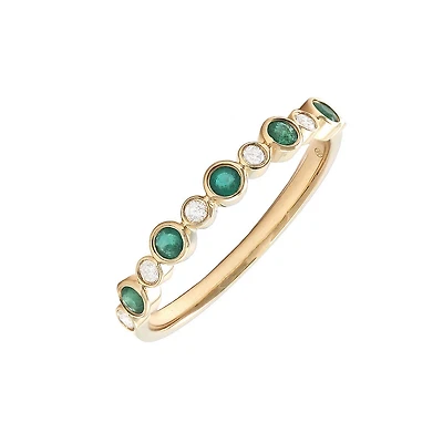 Bezel Set Diamonds and Emeralds Ring 14KY