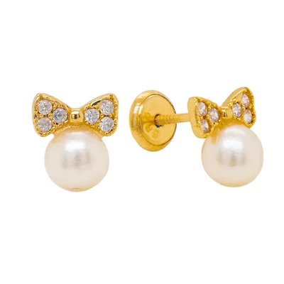 Bow with Zirconias and Pearl Stud Earrings