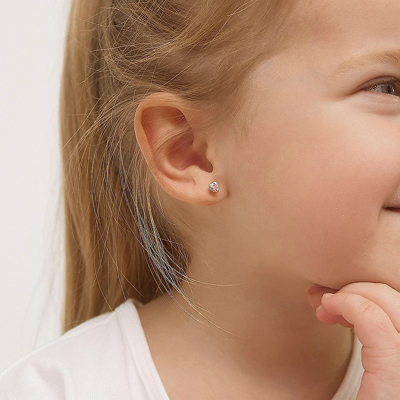 Kids Pink Heart Zirconia Stud Earrings