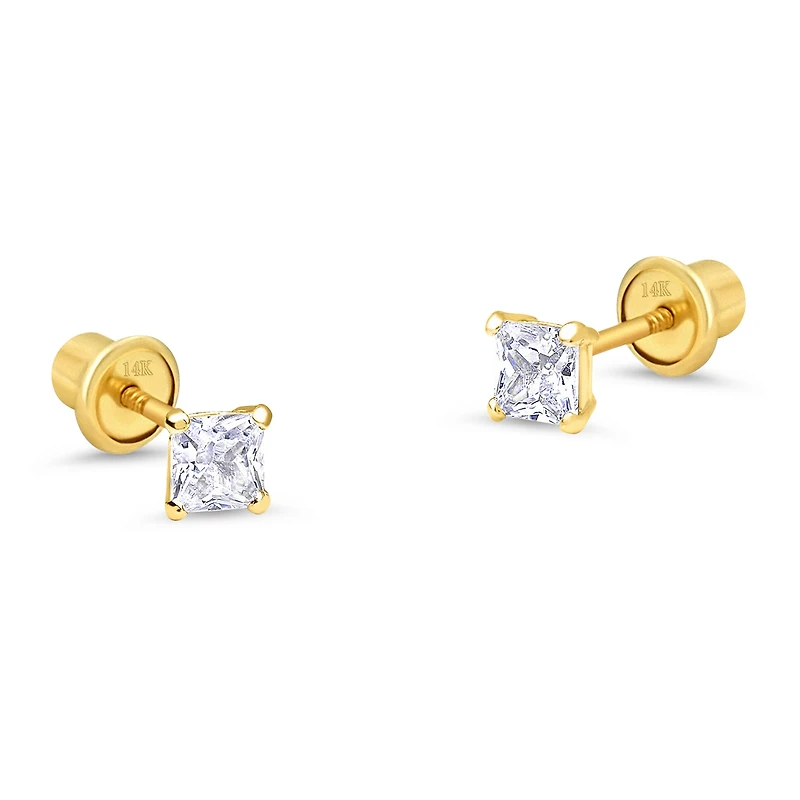 2MM Princess Cut Zirconia Yellow Gold Stud Earring