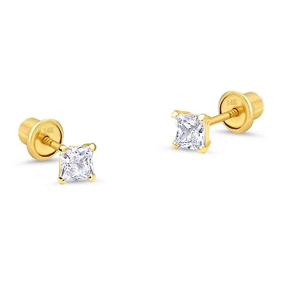 2MM Princess Cut Zirconia Yellow Gold Stud Earring
