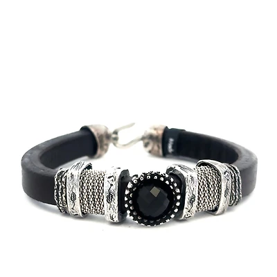 Black Cow Leather Bracelet with Onyx Stone