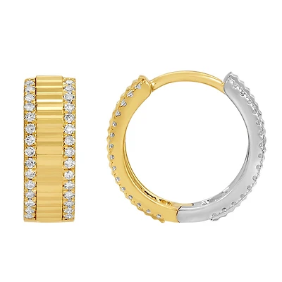 Fluted Reversible Two Tone and Diamonds 12MM Earrings
