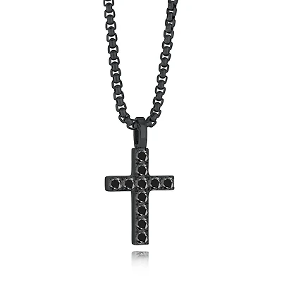 Black on Black Zirconia Cross Steel Necklace