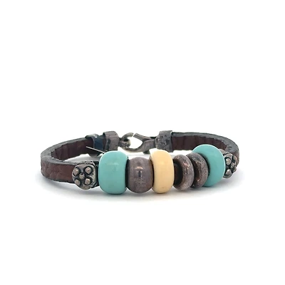 Brown Leather Bracelet with Turquoise Resin Beads
