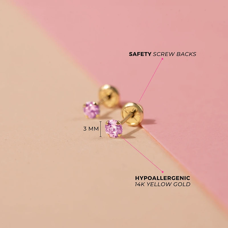Kids 3MM Pink Solitaire Stud Earrings