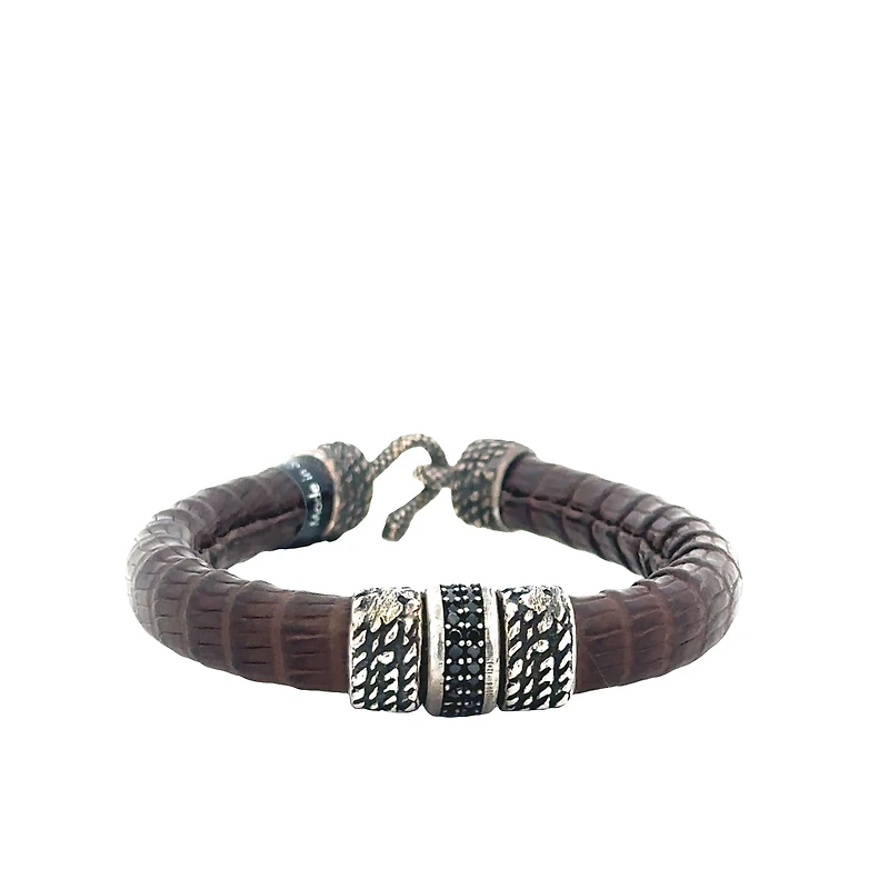 Brown Textured Leather Bracelet with Black Cz