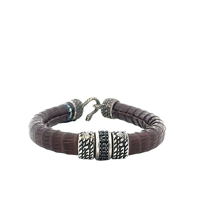 Brown Textured Leather Bracelet with Black Cz