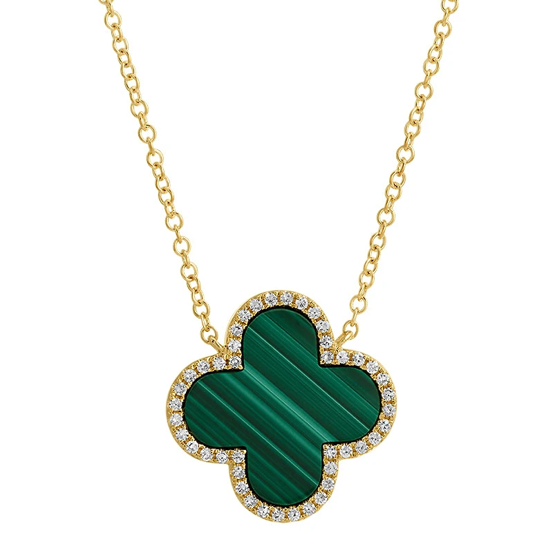 Big Malachite Clover with Diamonds Necklace