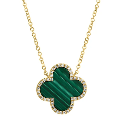 Big Malachite Clover with Diamonds Necklace