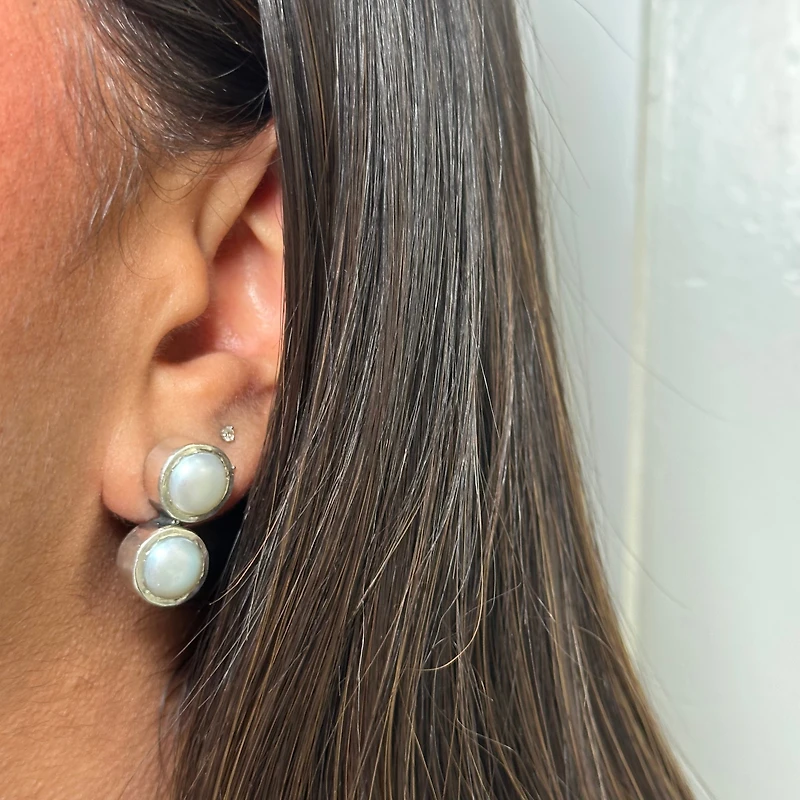 Double Pearl Silver Stud Earrings