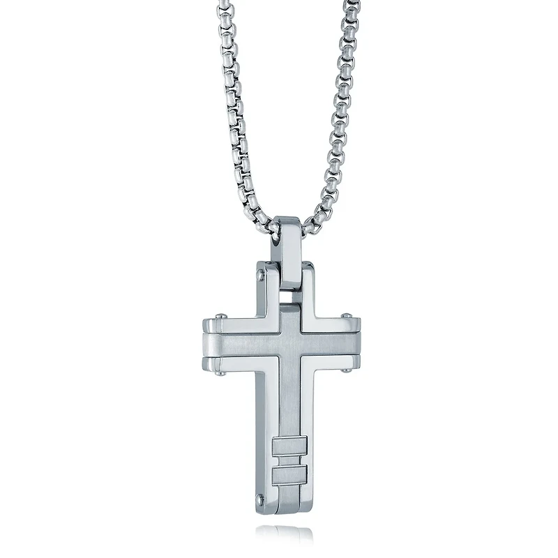 Middle Brushed Cross Steel Necklace