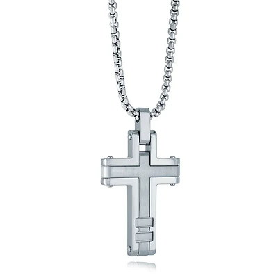 Middle Brushed Cross Steel Necklace