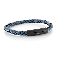 Blue Leather Black Steel Push Clasp Bracelet