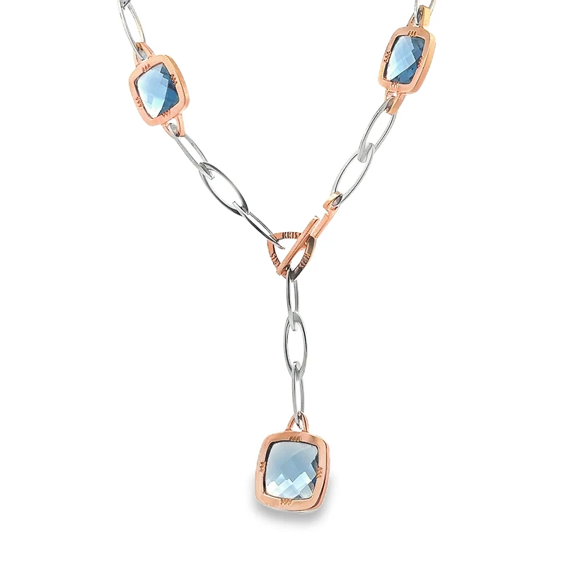 Lariat Paperclip Necklace with Square Blue Stones