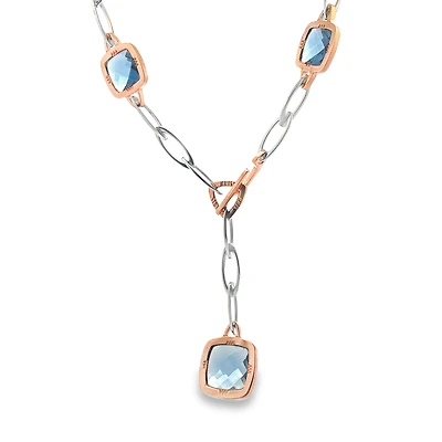 Lariat Paperclip Necklace with Square Blue Stones