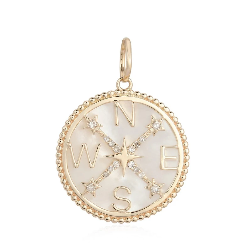 Mother Pearl and Diamonds Compass Pendant 21.5MM