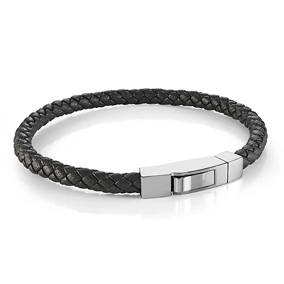 Black Leather Steel Push Clasp Bracelet