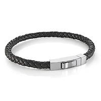 Black Leather Steel Push Clasp Bracelet