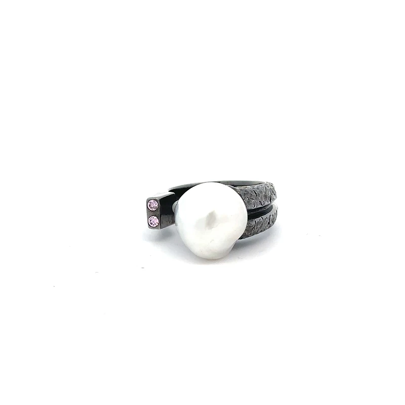 Australian Pearl Silver Ring with Pink Sapphire Stones (Size 7)