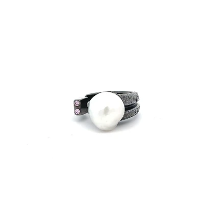 Australian Pearl Silver Ring with Pink Sapphire Stones (Size 7)