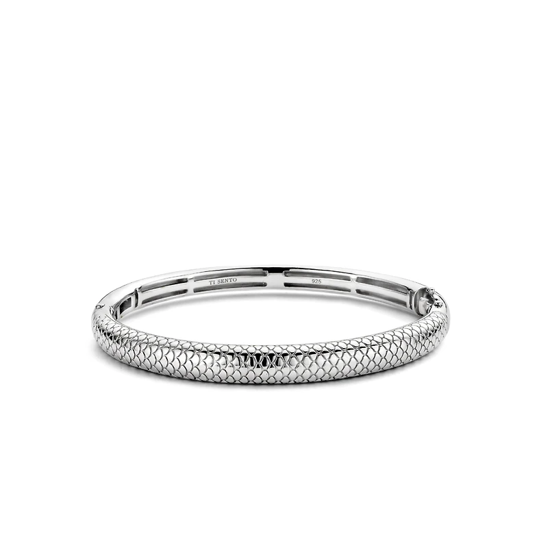 Snake Print Wide Silver Bangle Bracelet