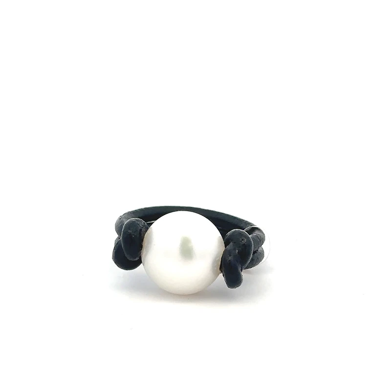 Black Leather Ring with Pearl (Size 6)