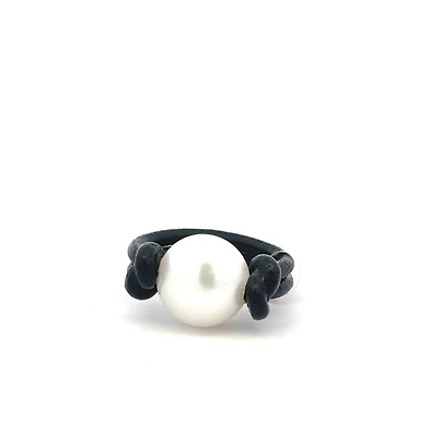 Black Leather Ring with Pearl (Size 6)