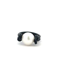 Black Leather Ring with Pearl (Size 6)