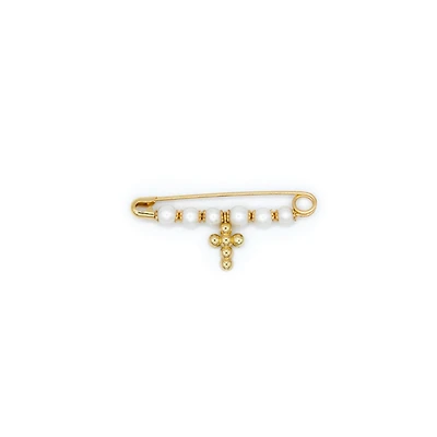 Pearl and Gold Cross Baby Pin