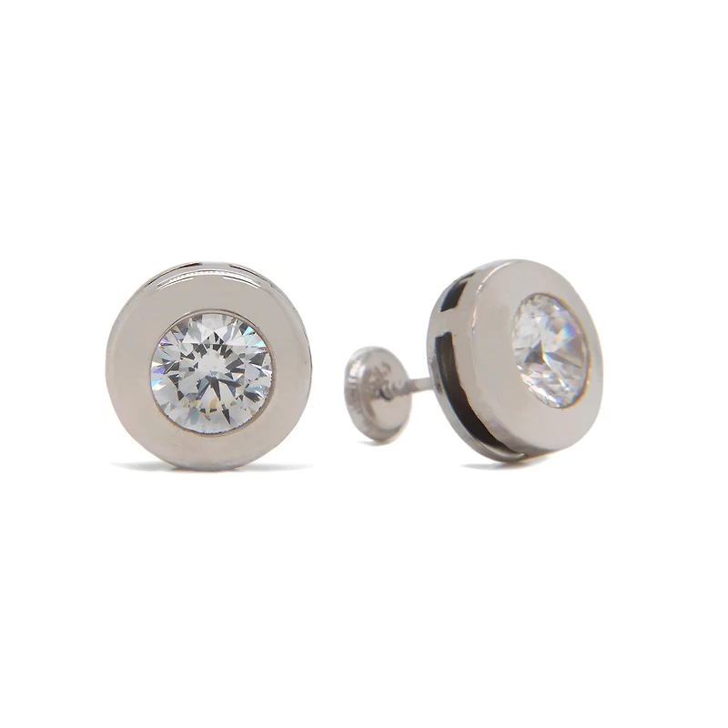 Wide Bezel Set Zirconia 4MM Stud Earrings 14KW