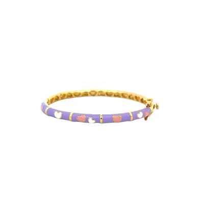 Purple Kids Bangle Bracelet with White and Pink Hearts