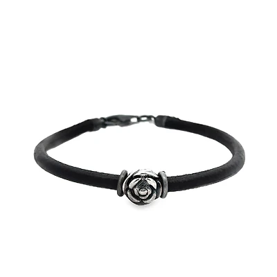 Silver Rose Black Leather Bracelet