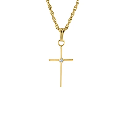 17MM Solid Gold Cross Diamond Kids Necklace