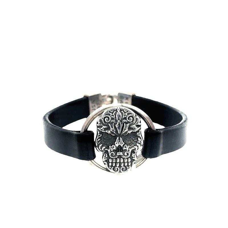 Baroque Skull Centerpiece on Black Leather Strap Bracelet