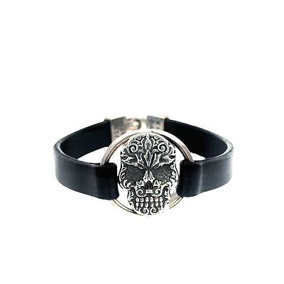 Baroque Skull Centerpiece on Black Leather Strap Bracelet