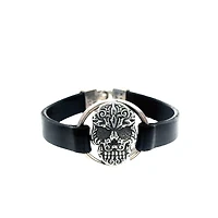 Baroque Skull Centerpiece on Black Leather Strap Bracelet