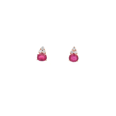 Rose Gold Stud Earrings with Oval Cut Rubies and Diamonds