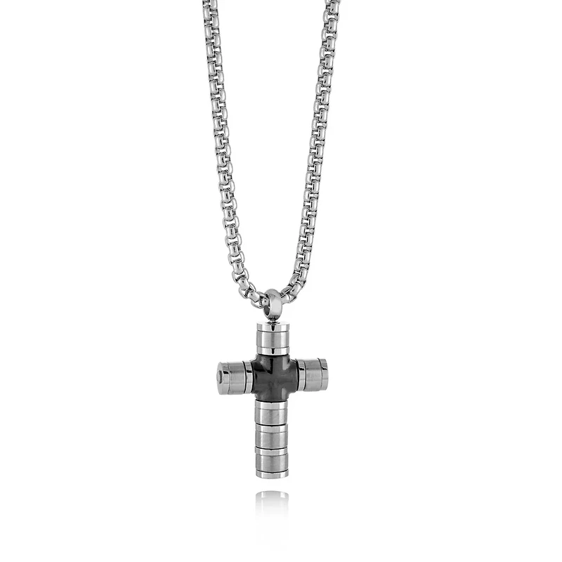 Matte and Polished Elements Cross Steel Necklace