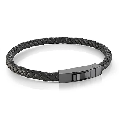 Black Leather and Steel Push Casp Bracelet